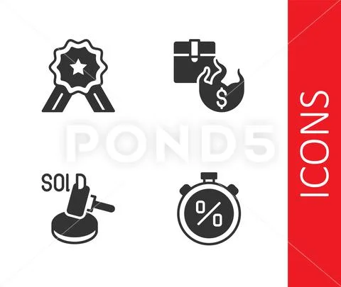 Set Stopwatch percent discount, Stars rating, Auction hammer and Hot price icon Stock Illustration