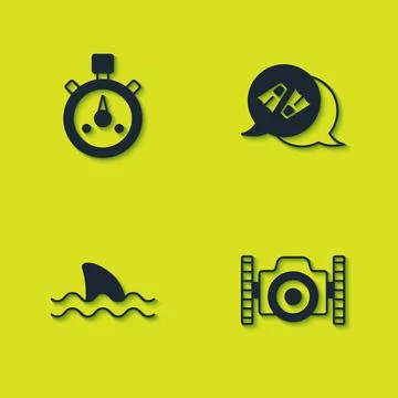 Set Stopwatch, Photo camera for diver, Shark and Flippers swimming icon. Vect Stock Illustration