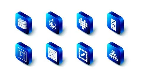 Set Stopwatch, Pixel hearts for game, Domino, Billiard balls triangle, Board Stock-Illustration