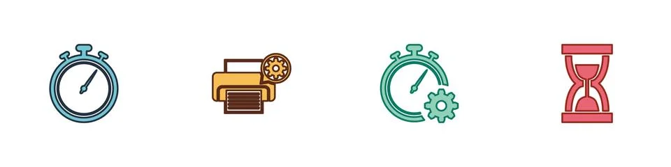 Set Stopwatch, Printer setting, Time management and Old hourglass with sand icon Stock Illustration