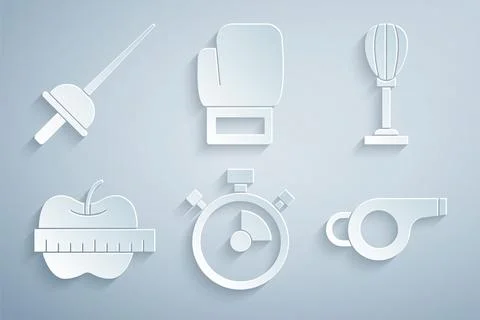 Set Stopwatch, Punching bag, Apple and measuring tape, Whistle, Boxing glove and イラスト素材