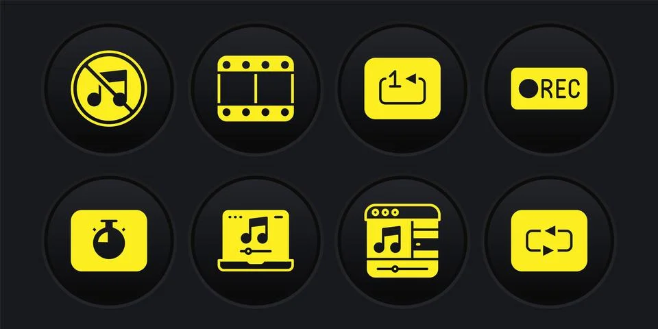 Set Stopwatch, Record button, Laptop with music, Music player, Repeat track Stock Illustration