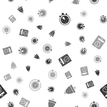 Set Stopwatch, Ringing bell, Time for book and Clock with arrow on seamless Stock Illustration