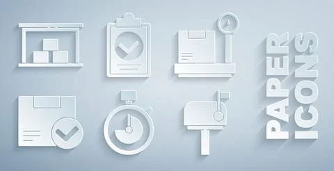 Set Stopwatch, Scale with cardboard box, Package check mark, Mail, Verification Illustration