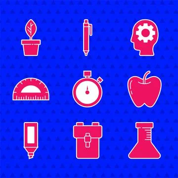 Set Stopwatch, School backpack, Test tube and flask, Apple, Marker pen 스톡 일러스트