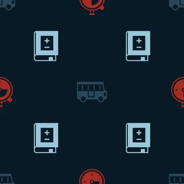 Set Stopwatch, School Bus and Book with mathematics on seamless pattern. Vector 스톡 일러스트