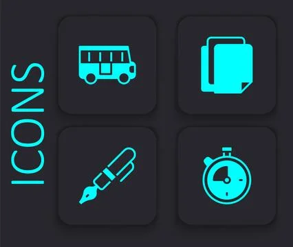 Set Stopwatch, School Bus, File document and Fountain pen nib icon. Black square Stock Illustration