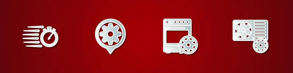 Set Stopwatch, Setting, Oven setting and Air conditioner icon. Vector Illustrazione stock