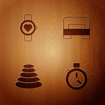Set Stopwatch, Smart, Stack hot stones and Big bed on wooden background. Vect Stock Illustration