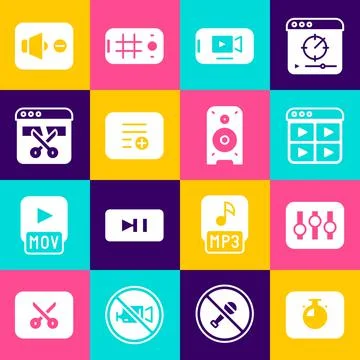 Set Stopwatch, Sound mixer controller, Music playlist, Online video, Add, Video Stock Illustration