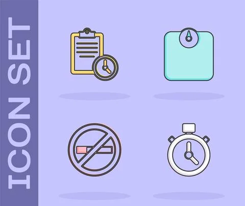 Set Stopwatch, Sport training program, No Smoking and Bathroom scales icon Stock Illustration