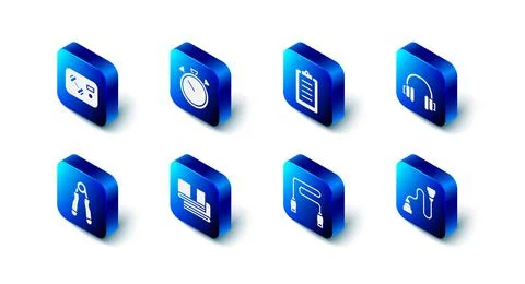 Set Stopwatch, Sport training program, Headphones, Chest expander, Jump rope, 스톡 일러스트