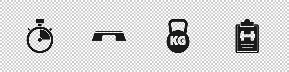 Set Stopwatch, Step platform, Kettlebell and Sport training program icon. Vector Stock Illustration