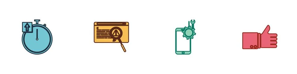 Set Stopwatch, System bug concept, Mobile service and Hand thumb up icon. Vec Stock Illustration