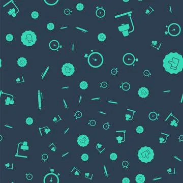 Set Stopwatch, Table lamp, Pen and Hand thumb up on seamless pattern. Vector Stock Illustration