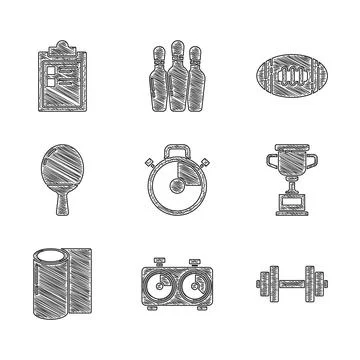 Set Stopwatch, Time chess clock, Dumbbell, Award cup, Fitness mat roll, Racket Stock Illustration