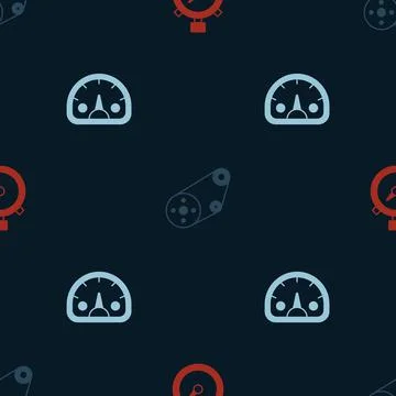 Set Stopwatch, Timing belt kit and Speedometer on seamless pattern. Vector Stock Illustration