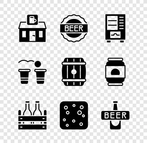 Set Store building of beer shop, Bottle cap with, Vending machine, Pack bottles Ilustración de archivo