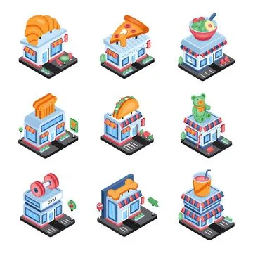 Set of Stores Isometric Icons Stock Illustration