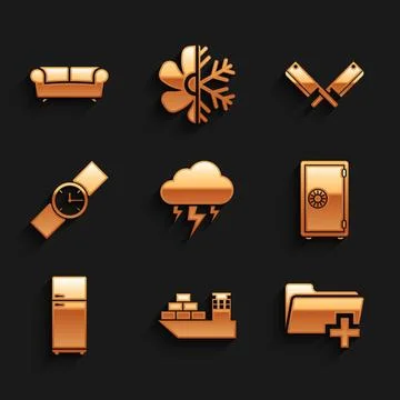 Set Storm, Cargo ship, Add new folder, Safe, Refrigerator and Wrist watch icon Stock Illustration