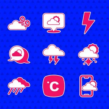 Set Storm, Celsius, Weather forecast, Cloud with snow and sun, rain, Location Illustrazione stock