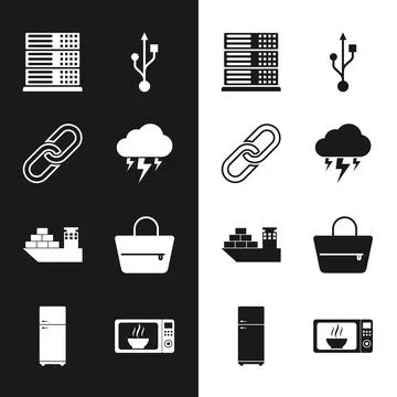 Set Storm, Chain link, Server, Data, Web Hosting, USB, Cargo ship and Handbag Stock Illustration