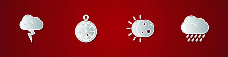 Set Storm, Compass, Eclipse of the sun and Cloud with rain icon. Vector Illustrazione stock