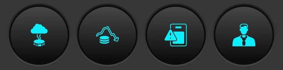 Set Storm, Dollar rate decrease, Global economic crisis and Worker icon. Vector Illustrazione stock