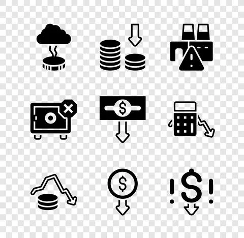 Set Storm, Dollar rate decrease, Shutdown of factory, Safe and icon. Vector 库存插图