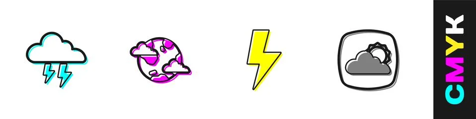 Set Storm, Earth planet with clouds, Lightning bolt and Weather forecast icon Stock Illustration