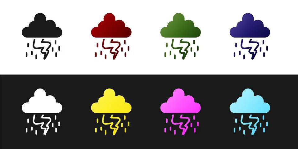 Set Storm icon isolated on black and white background. Cloud and lightning .. Stock Illustration