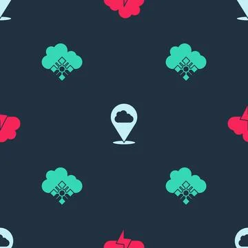 Set Storm, Location cloud and Cloud with snow on seamless pattern. Vector Stock Illustration