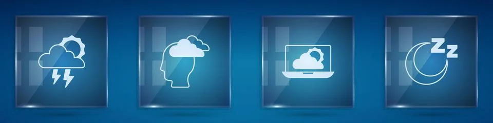 Set Storm, Man having headache, Weather forecast and Time sleep. Square glass Stock Illustration