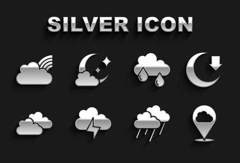 Set Storm, Moon, Location cloud, Cloud with rain, Rainbow clouds and moon icon Illustrazione stock