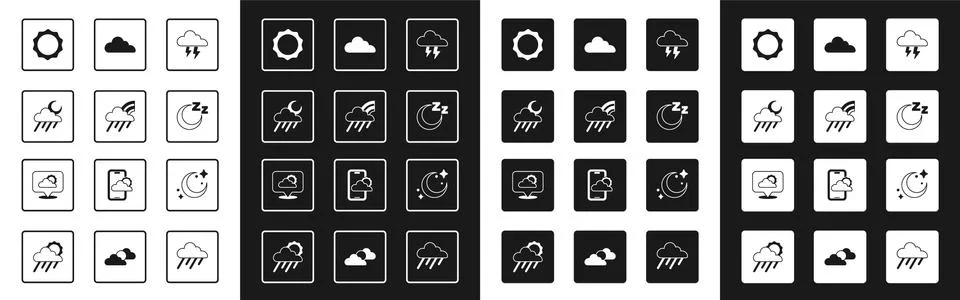 Set Storm, Rainbow with cloud and rain, Cloud moon, Sun, Time sleep, Moon stars Stock Illustration