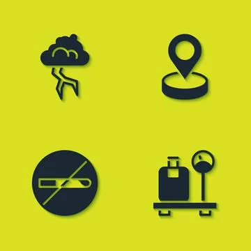 Set Storm, Scale with suitcase, No Smoking and Location icon. Vector Illustration