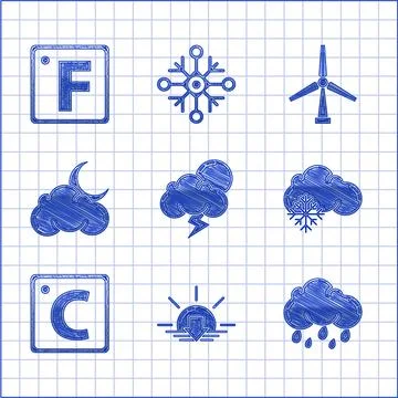 Set Storm, Sunset, Cloud with rain, snow, Celsius, moon and stars, Wind turbine Stock Illustration