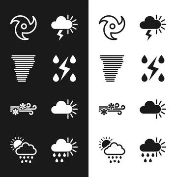 Set Storm, Tornado, Wind and snow, Cloudy, with rain sun and rain, icon. Vector Stock Illustration