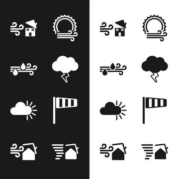 Set Storm, Wind and rain, Tornado swirl, sun, Cloudy, Cone windsock wind vane Stock Illustration