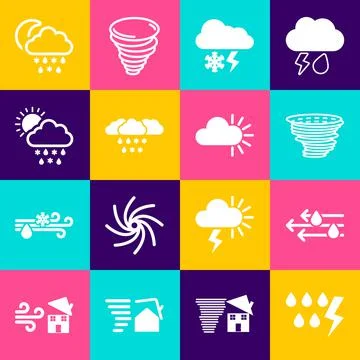 Set Storm, Wind and rain, Tornado, Cloud with snow lightning, snow, sun, moon Stock Illustration