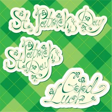 Set of st.patrick day greeting with shamrocks and decorative text on dark gre Stock Illustration