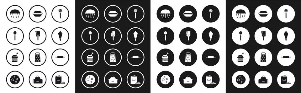 Set Strainer spoon, Kitchen brush, Pizza knife, Muffin, Pastry bag for decorate Illustration