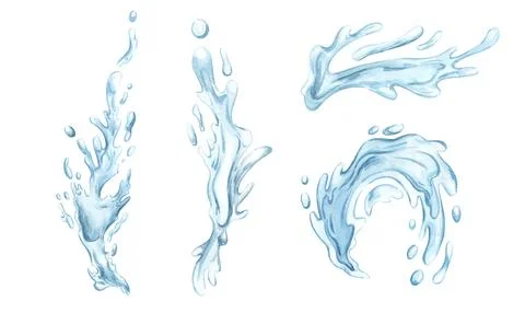 Set of Stream and splashes of water isolated on white background. Watercolor Stock Illustration