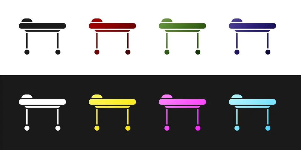 Set Stretcher icon isolated on black and white background. Patient hospital Stock Illustration
