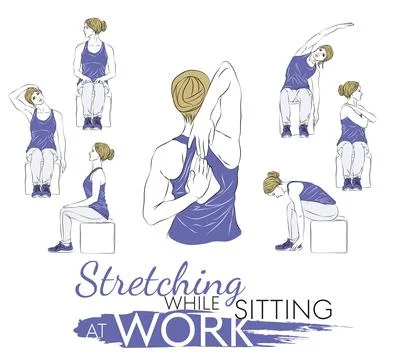 Set Stretching sitting at the workplace should be performed while sitting on  Stock Illustration