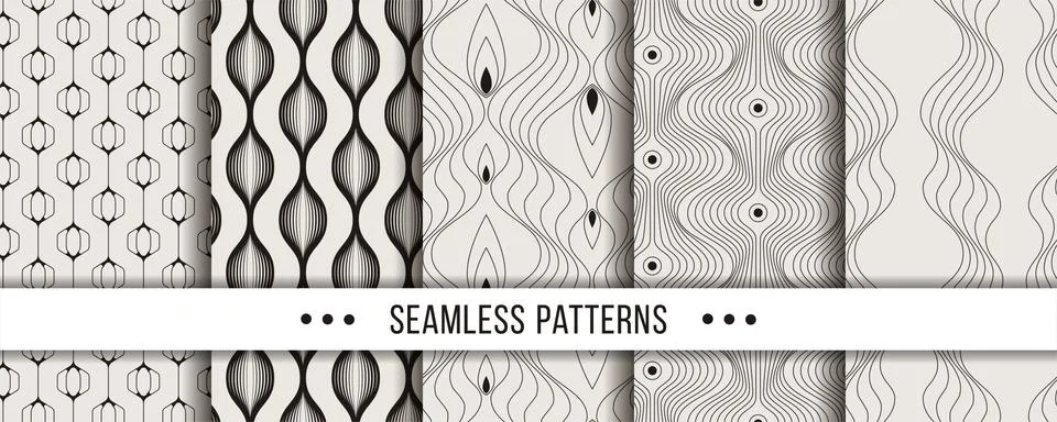 Set of strict, minimalistic seamless patterns. Collection for coloring pages, Stock Illustration