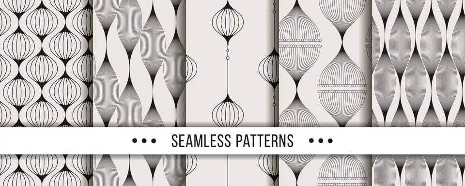 Set of strict, minimalistic seamless patterns. Collection for coloring pages, Stock Illustration