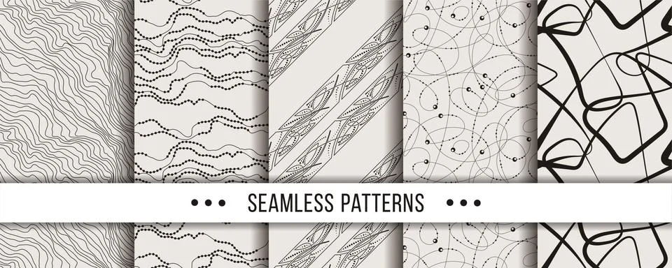 Set of strict, minimalistic seamless patterns. Collection for coloring pages, Stock Illustration