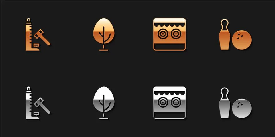 Set Striker attraction with hammer, Tree, Shooting gallery and Bowling pin and Stock Illustration