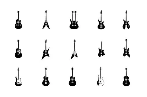 SET Stringed musical instrument logo, electric guitar silhouette Stock Illustration